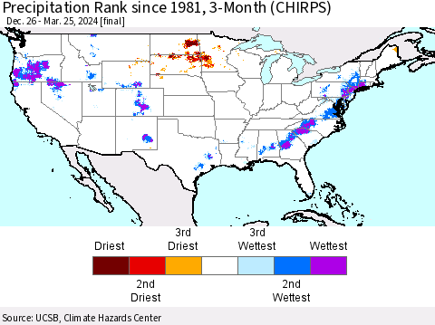 United States Precipitation Rank since 1981, 3-Month (CHIRPS) Thematic Map For 12/26/2023 - 3/25/2024