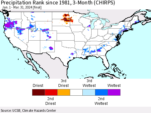 United States Precipitation Rank since 1981, 3-Month (CHIRPS) Thematic Map For 1/1/2024 - 3/31/2024