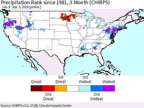 United States Precipitation Rank since 1981, 3-Month (CHIRPS) Thematic Map For 1/6/2024 - 4/5/2024