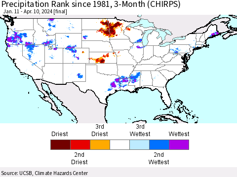 United States Precipitation Rank since 1981, 3-Month (CHIRPS) Thematic Map For 1/11/2024 - 4/10/2024