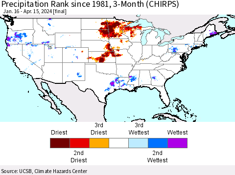 United States Precipitation Rank since 1981, 3-Month (CHIRPS) Thematic Map For 1/16/2024 - 4/15/2024