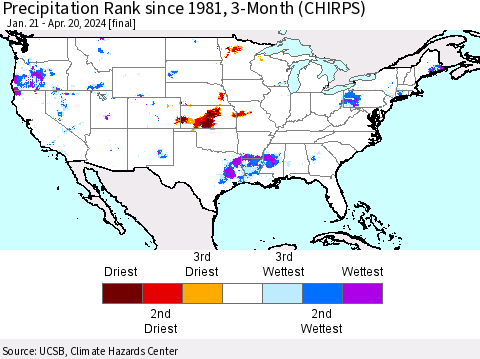 United States Precipitation Rank since 1981, 3-Month (CHIRPS) Thematic Map For 1/21/2024 - 4/20/2024