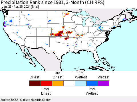 United States Precipitation Rank since 1981, 3-Month (CHIRPS) Thematic Map For 1/26/2024 - 4/25/2024