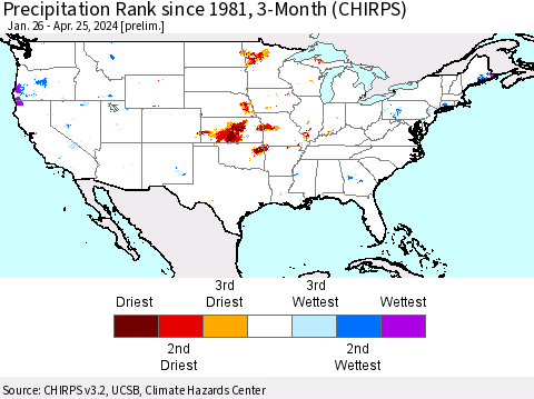United States Precipitation Rank since 1981, 3-Month (CHIRPS) Thematic Map For 1/26/2024 - 4/25/2024