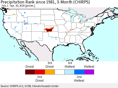 United States Precipitation Rank since 1981, 3-Month (CHIRPS) Thematic Map For 2/1/2024 - 4/30/2024