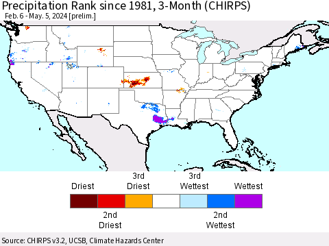 United States Precipitation Rank since 1981, 3-Month (CHIRPS) Thematic Map For 2/6/2024 - 5/5/2024