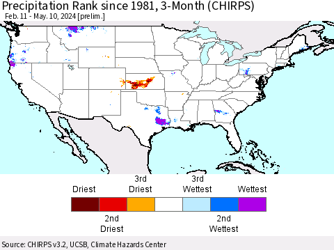 United States Precipitation Rank since 1981, 3-Month (CHIRPS) Thematic Map For 2/11/2024 - 5/10/2024