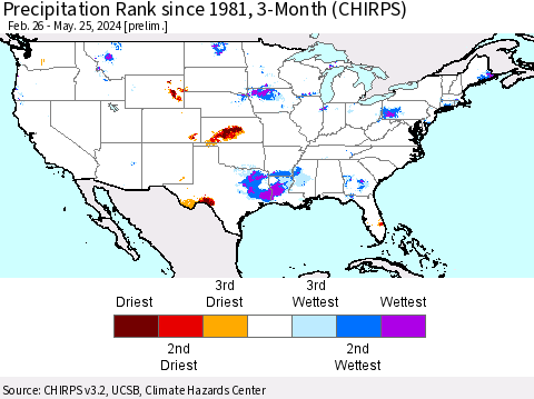United States Precipitation Rank since 1981, 3-Month (CHIRPS) Thematic Map For 2/26/2024 - 5/25/2024
