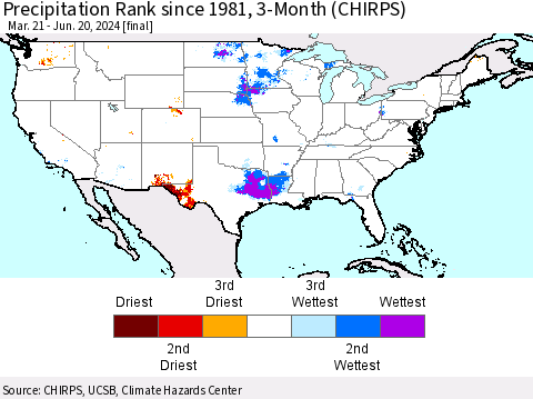 United States Precipitation Rank since 1981, 3-Month (CHIRPS) Thematic Map For 3/21/2024 - 6/20/2024