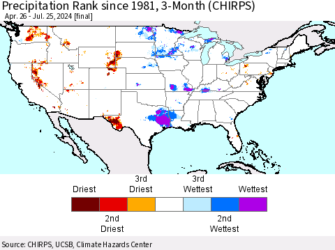 United States Precipitation Rank since 1981, 3-Month (CHIRPS) Thematic Map For 4/26/2024 - 7/25/2024