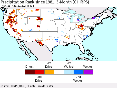 United States Precipitation Rank since 1981, 3-Month (CHIRPS) Thematic Map For 5/21/2024 - 8/20/2024