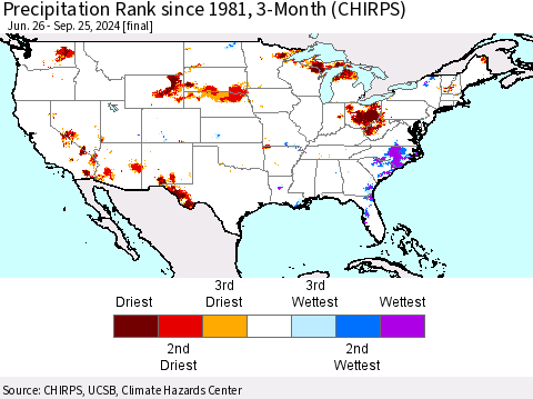United States Precipitation Rank since 1981, 3-Month (CHIRPS) Thematic Map For 6/26/2024 - 9/25/2024