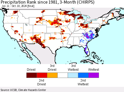 United States Precipitation Rank since 1981, 3-Month (CHIRPS) Thematic Map For 7/11/2024 - 10/10/2024