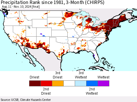 United States Precipitation Rank since 1981, 3-Month (CHIRPS) Thematic Map For 8/11/2024 - 11/10/2024