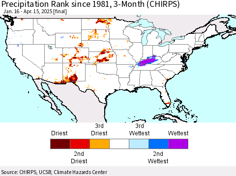 United States Precipitation Rank since 1981, 3-Month (CHIRPS) Thematic Map For 1/16/2025 - 4/15/2025