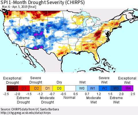 United States SPI 1-Month Drought Severity (CHIRPS) Thematic Map For 3/6/2019 - 4/5/2019