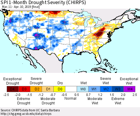 United States SPI 1-Month Drought Severity (CHIRPS) Thematic Map For 3/11/2019 - 4/10/2019