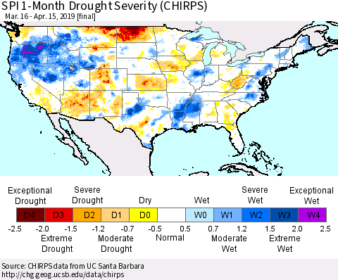 United States SPI 1-Month Drought Severity (CHIRPS) Thematic Map For 3/16/2019 - 4/15/2019