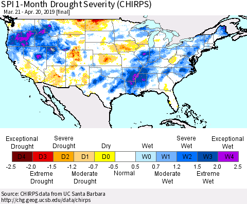 United States SPI 1-Month Drought Severity (CHIRPS) Thematic Map For 3/21/2019 - 4/20/2019