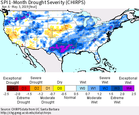 United States SPI 1-Month Drought Severity (CHIRPS) Thematic Map For 4/6/2019 - 5/5/2019