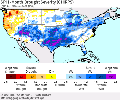 United States SPI 1-Month Drought Severity (CHIRPS) Thematic Map For 4/11/2019 - 5/10/2019