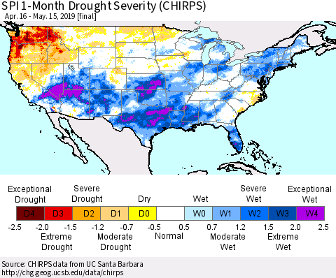 United States SPI 1-Month Drought Severity (CHIRPS) Thematic Map For 4/16/2019 - 5/15/2019