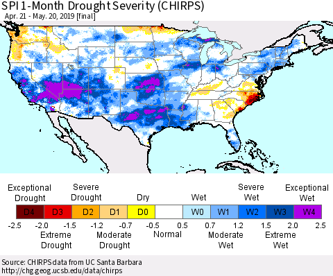 United States SPI 1-Month Drought Severity (CHIRPS) Thematic Map For 4/21/2019 - 5/20/2019