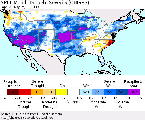 United States SPI 1-Month Drought Severity (CHIRPS) Thematic Map For 4/26/2019 - 5/25/2019