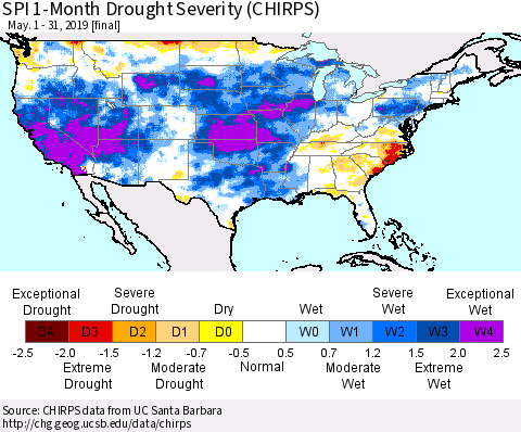 United States SPI 1-Month Drought Severity (CHIRPS) Thematic Map For 5/1/2019 - 5/31/2019