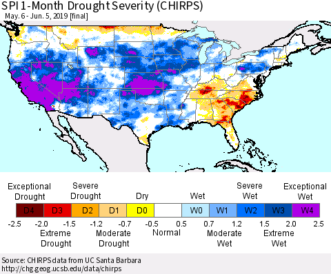 United States SPI 1-Month Drought Severity (CHIRPS) Thematic Map For 5/6/2019 - 6/5/2019