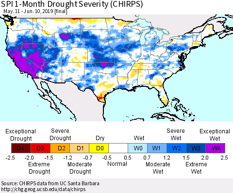 United States SPI 1-Month Drought Severity (CHIRPS) Thematic Map For 5/11/2019 - 6/10/2019