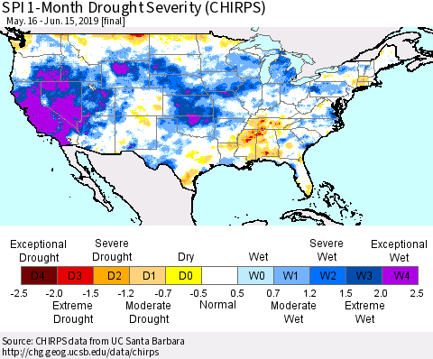 United States SPI 1-Month Drought Severity (CHIRPS) Thematic Map For 5/16/2019 - 6/15/2019
