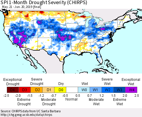 United States SPI 1-Month Drought Severity (CHIRPS) Thematic Map For 5/21/2019 - 6/20/2019