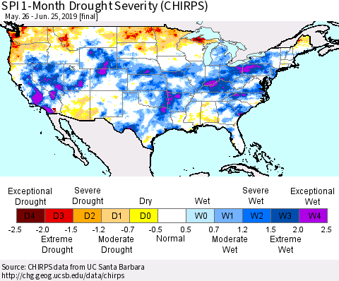 United States SPI 1-Month Drought Severity (CHIRPS) Thematic Map For 5/26/2019 - 6/25/2019