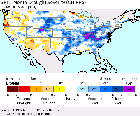 United States SPI 1-Month Drought Severity (CHIRPS) Thematic Map For 6/6/2019 - 7/5/2019