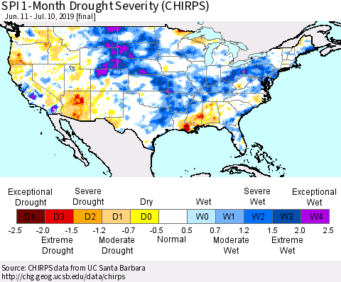 United States SPI 1-Month Drought Severity (CHIRPS) Thematic Map For 6/11/2019 - 7/10/2019
