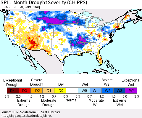 United States SPI 1-Month Drought Severity (CHIRPS) Thematic Map For 6/21/2019 - 7/20/2019