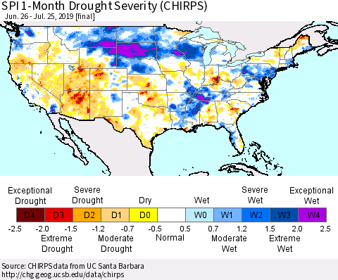 United States SPI 1-Month Drought Severity (CHIRPS) Thematic Map For 6/26/2019 - 7/25/2019