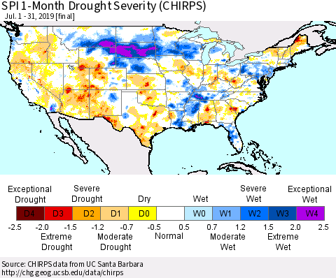 United States SPI 1-Month Drought Severity (CHIRPS) Thematic Map For 7/1/2019 - 7/31/2019