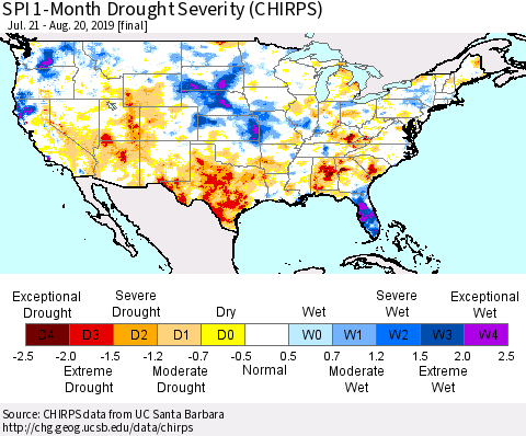 United States SPI 1-Month Drought Severity (CHIRPS) Thematic Map For 7/21/2019 - 8/20/2019