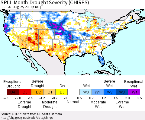 United States SPI 1-Month Drought Severity (CHIRPS) Thematic Map For 7/26/2019 - 8/25/2019