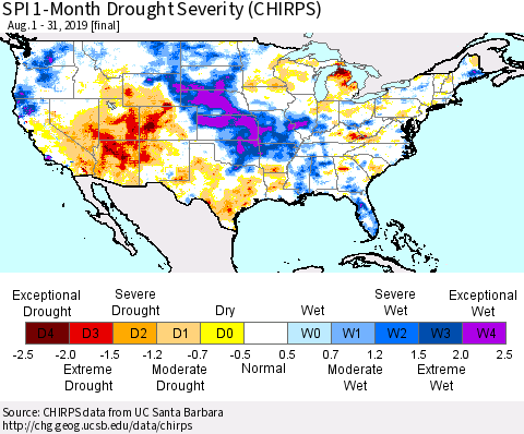 United States SPI 1-Month Drought Severity (CHIRPS) Thematic Map For 8/1/2019 - 8/31/2019