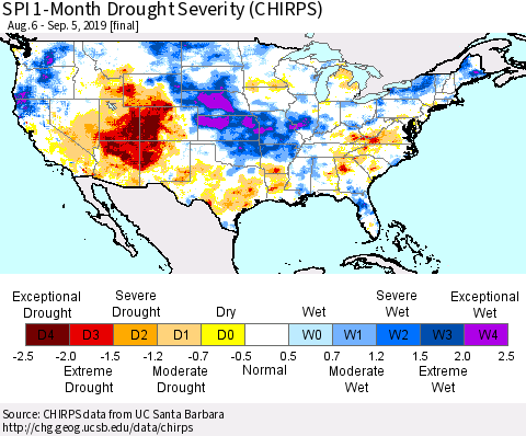 United States SPI 1-Month Drought Severity (CHIRPS) Thematic Map For 8/6/2019 - 9/5/2019