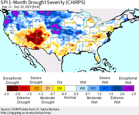 United States SPI 1-Month Drought Severity (CHIRPS) Thematic Map For 8/11/2019 - 9/10/2019