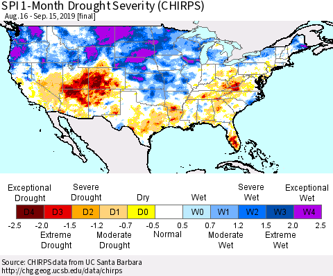 United States SPI 1-Month Drought Severity (CHIRPS) Thematic Map For 8/16/2019 - 9/15/2019