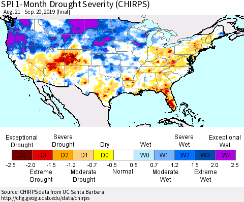 United States SPI 1-Month Drought Severity (CHIRPS) Thematic Map For 8/21/2019 - 9/20/2019