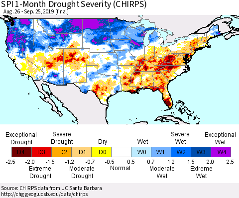 United States SPI 1-Month Drought Severity (CHIRPS) Thematic Map For 8/26/2019 - 9/25/2019