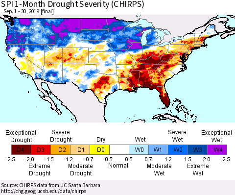 United States SPI 1-Month Drought Severity (CHIRPS) Thematic Map For 9/1/2019 - 9/30/2019