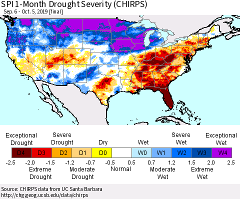 United States SPI 1-Month Drought Severity (CHIRPS) Thematic Map For 9/6/2019 - 10/5/2019