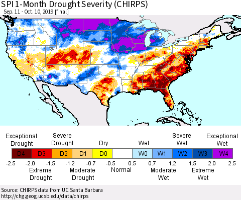 United States SPI 1-Month Drought Severity (CHIRPS) Thematic Map For 9/11/2019 - 10/10/2019